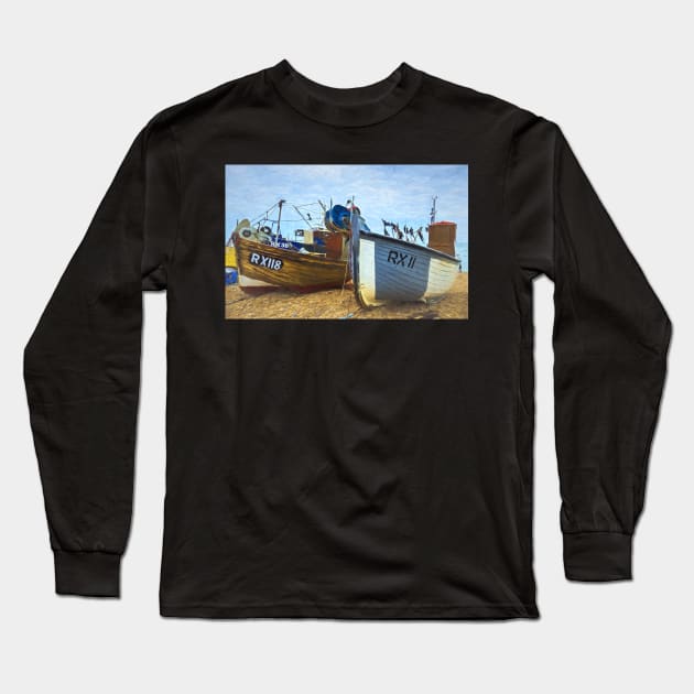 Fishing Boats On The Beach Digital Art Long Sleeve T-Shirt by IanWL